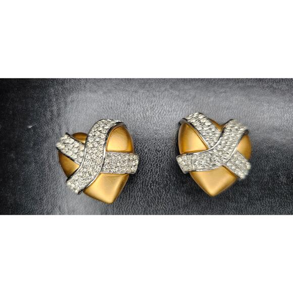 1980s Signed Givenchy Goldtone Pavé Clear Rhinestone X Heart Clip-on Earrings - Picture 1 of 8